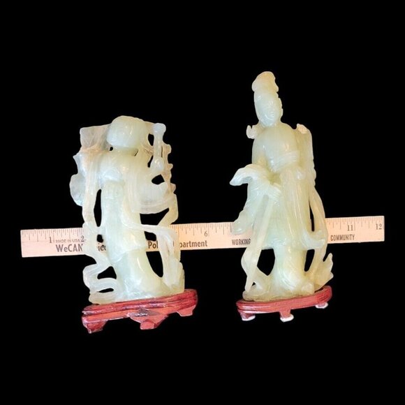 Set of 4 Vintage GESHIA's Asian Italy Green Jadeite Glass Figurines Wood Base - Picture 15 of 16